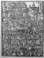 Der auf dem Rabenstein, dem heutigen Strausberger Platz, errichtete Scheiterhaufen für die Juden. Holzschnitt, 1511
